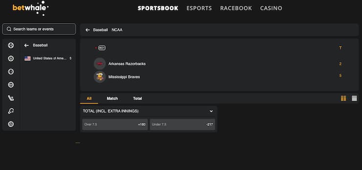 A snapshot of BetWhale, one of our top rated Mississippi sports betting sites.
